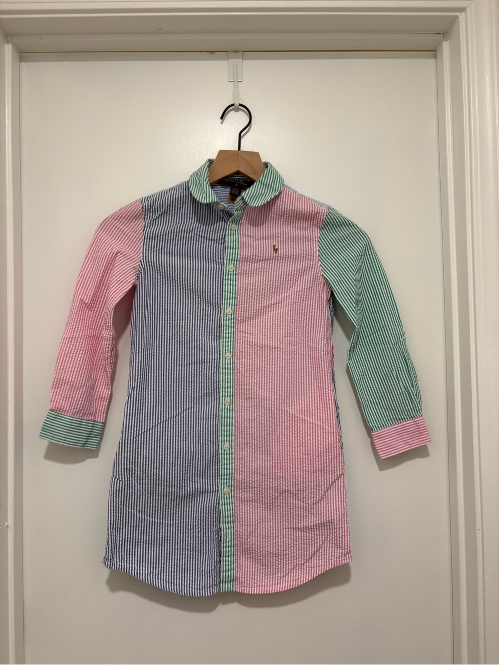 Polo Ralph Lauren Girls 6X Colorblock Seersucker Shirt Dress Pink Green Blue